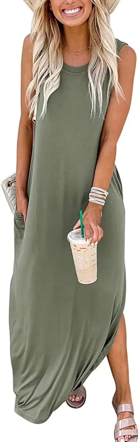 Hount Women's Casual Summer Sleeveless Dress Loose Split Maxi Dresses with Pockets