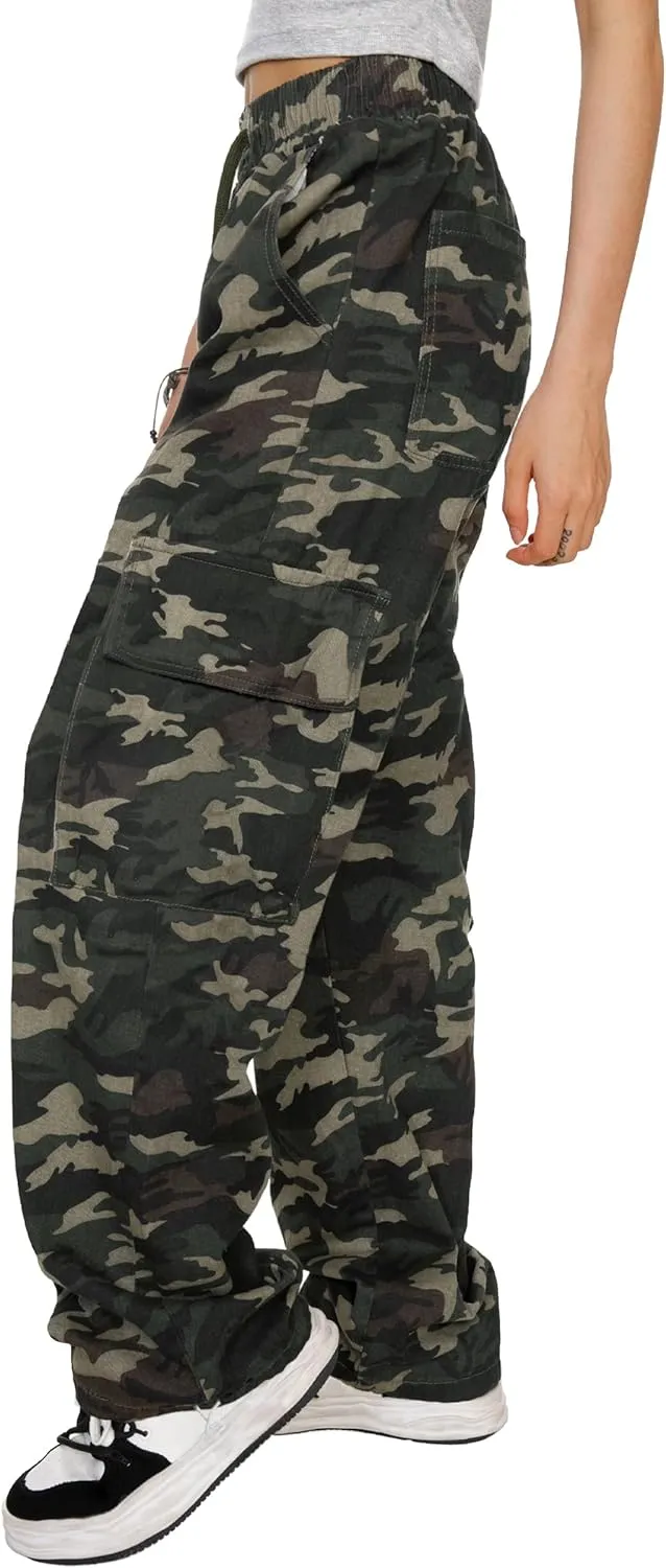 HVEPUO Camo Pants Women High Waisted Wide Leg Casual Y2K Camoflage Cargo Pants Baggy Elastic Waist Straight Jeans Trousers