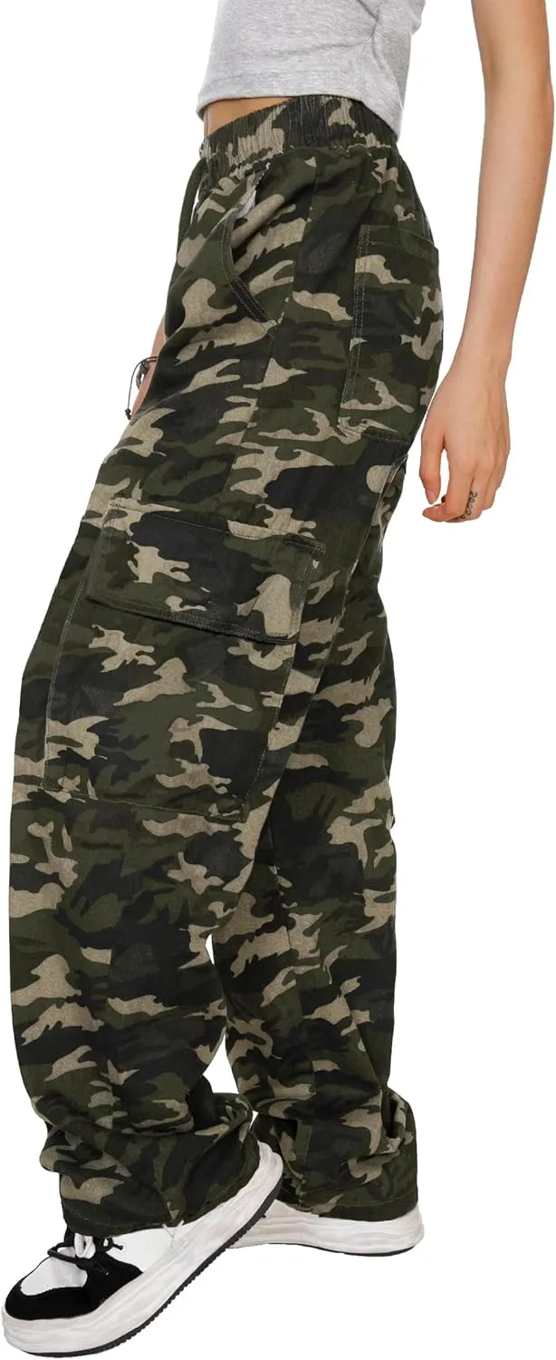 HVEPUO Camo Pants Women High Waisted Wide Leg Casual Y2K Camoflage Cargo Pants Baggy Elastic Waist Straight Jeans Trousers