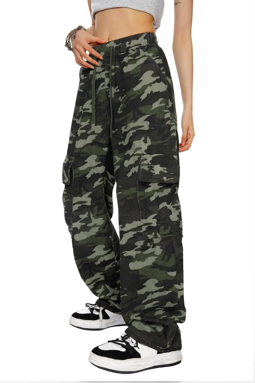 HVEPUO Camo Pants Women High Waisted Wide Leg Casual Y2K Camoflage Cargo Pants Baggy Elastic Waist Straight Jeans Trousers