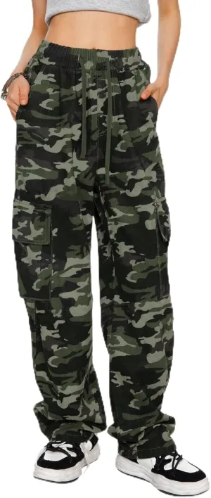 HVEPUO Camo Pants Women High Waisted Wide Leg Casual Y2K Camoflage Cargo Pants Baggy Elastic Waist Straight Jeans Trousers