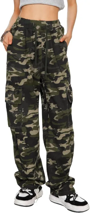 HVEPUO Camo Pants Women High Waisted Wide Leg Casual Y2K Camoflage Cargo Pants Baggy Elastic Waist Straight Jeans Trousers
