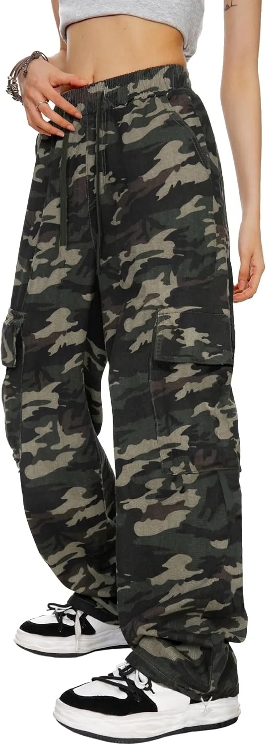 HVEPUO Camo Pants Women High Waisted Wide Leg Casual Y2K Camoflage Cargo Pants Baggy Elastic Waist Straight Jeans Trousers