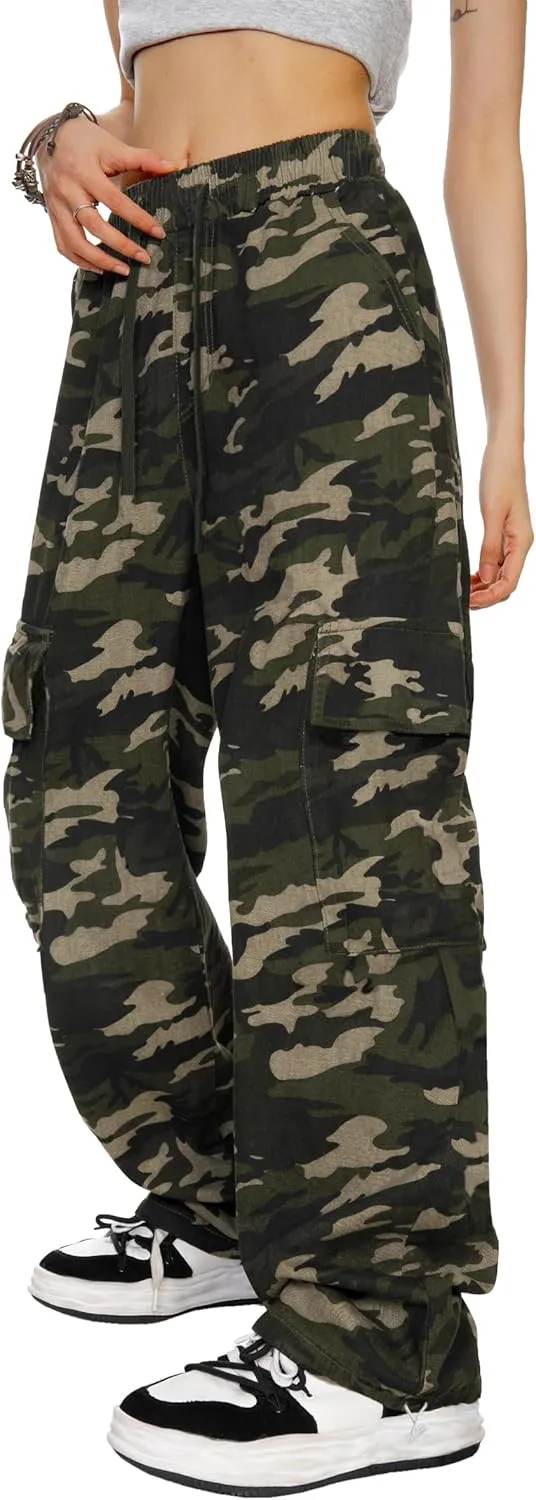 HVEPUO Camo Pants Women High Waisted Wide Leg Casual Y2K Camoflage Cargo Pants Baggy Elastic Waist Straight Jeans Trousers