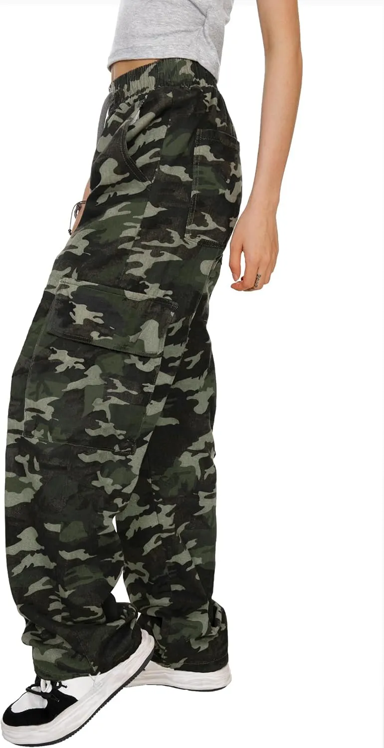 HVEPUO Camo Pants Women High Waisted Wide Leg Casual Y2K Camoflage Cargo Pants Baggy Elastic Waist Straight Jeans Trousers