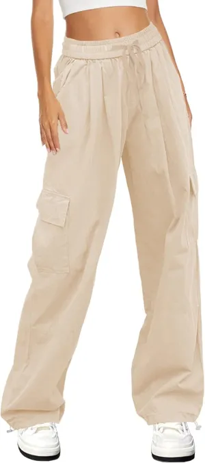 HVEPUO Womens High Waist Cargo Pants Y2K Wide Leg Cotton Baggy Hiking Pants Lightweight Elastic Waist Trousers with Pockets