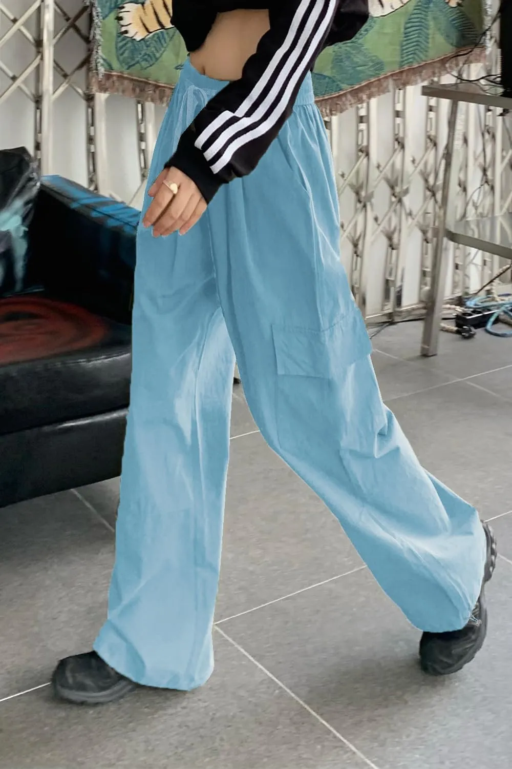 HVEPUO Womens High Waist Cargo Pants Y2K Wide Leg Cotton Baggy Hiking Pants Lightweight Elastic Waist Trousers with Pockets