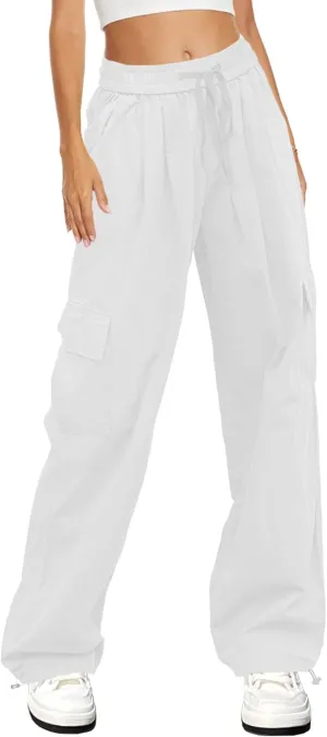 HVEPUO Womens High Waist Cargo Pants Y2K Wide Leg Cotton Baggy Hiking Pants Lightweight Elastic Waist Trousers with Pockets