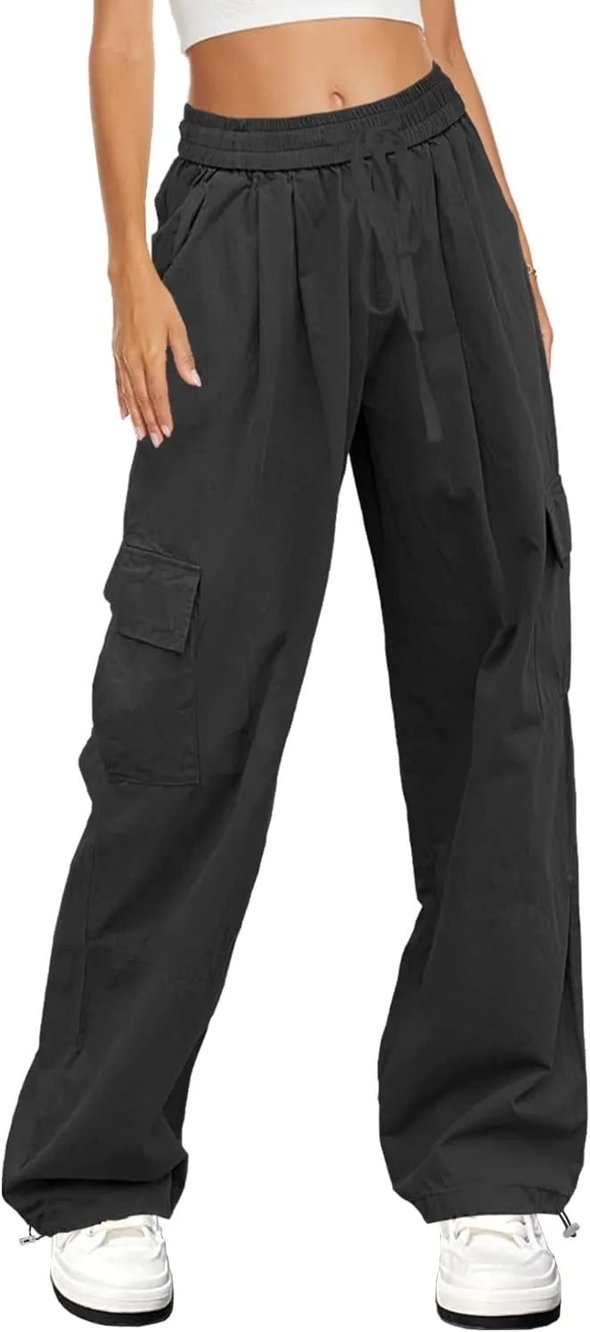 HVEPUO Womens High Waist Cargo Pants Y2K Wide Leg Cotton Baggy Hiking Pants Lightweight Elastic Waist Trousers with Pockets