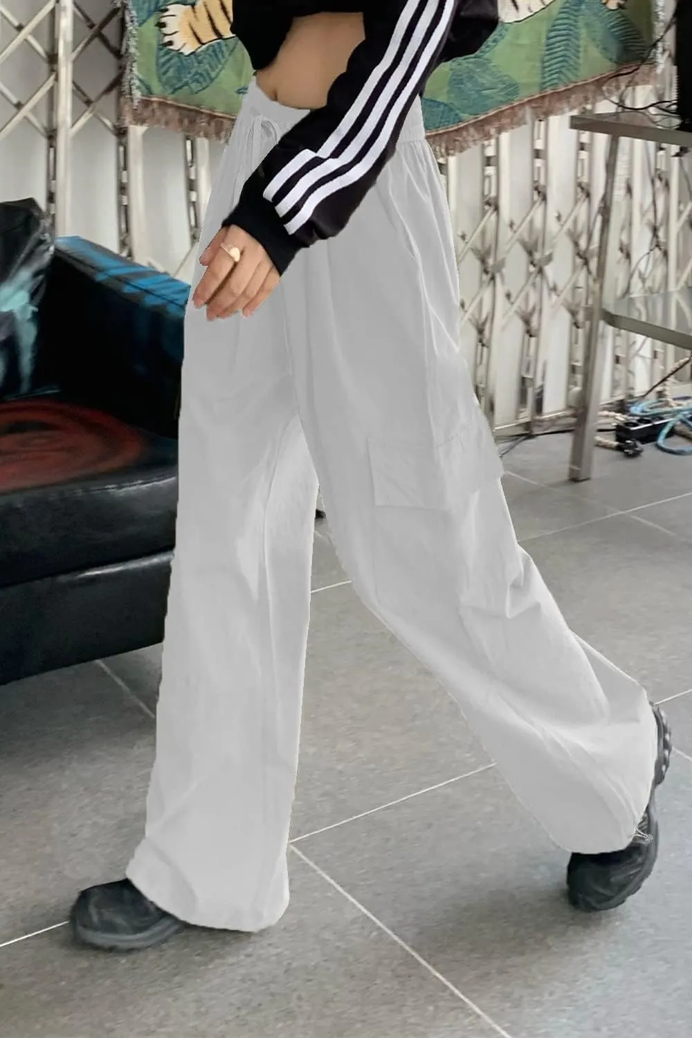 HVEPUO Womens High Waist Cargo Pants Y2K Wide Leg Cotton Baggy Hiking Pants Lightweight Elastic Waist Trousers with Pockets