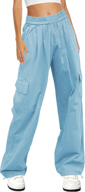 HVEPUO Womens High Waist Cargo Pants Y2K Wide Leg Cotton Baggy Hiking Pants Lightweight Elastic Waist Trousers with Pockets