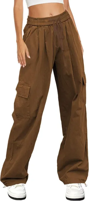 HVEPUO Womens High Waist Cargo Pants Y2K Wide Leg Cotton Baggy Hiking Pants Lightweight Elastic Waist Trousers with Pockets