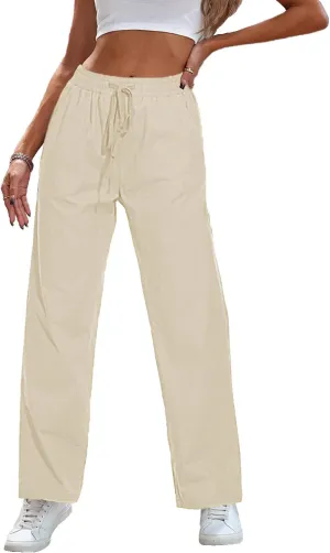 HVEPUO Womens High Waisted Casual Elastic Waist Drawstring Twill Pants Straight Leg Lightweight Cotton Trousers with Pockets