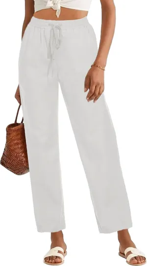 HVEPUO Womens High Waisted Casual Elastic Waist Drawstring Twill Pants Straight Leg Lightweight Cotton Trousers with Pockets
