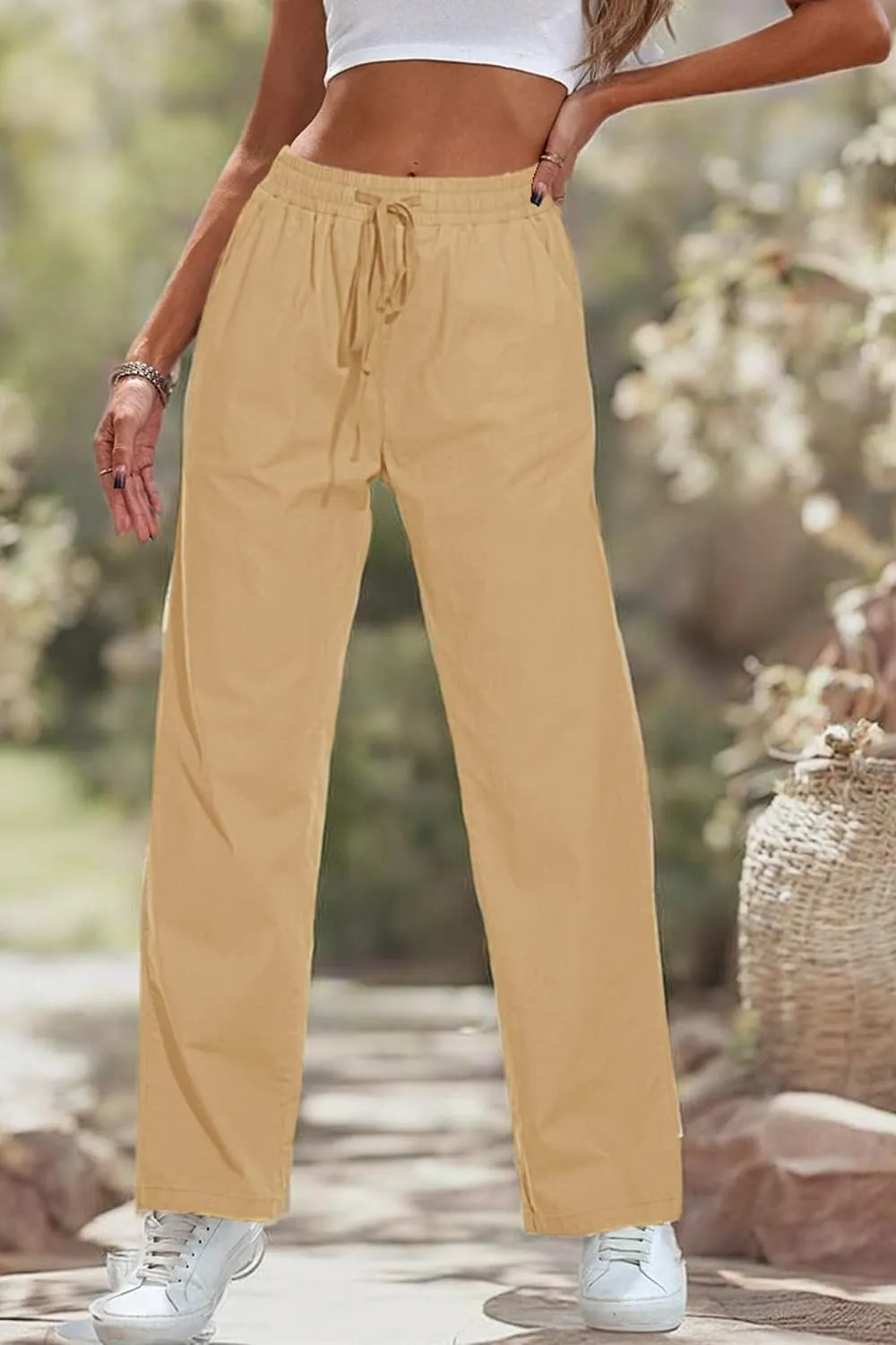 HVEPUO Womens High Waisted Casual Elastic Waist Drawstring Twill Pants Straight Leg Lightweight Cotton Trousers with Pockets
