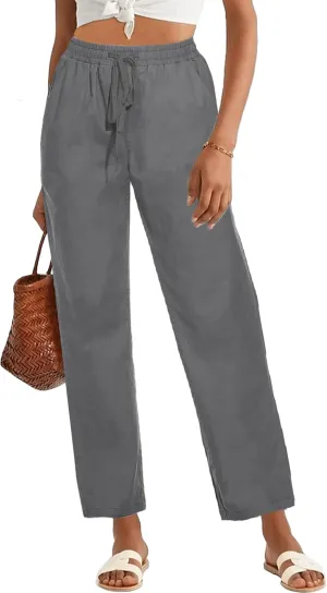 HVEPUO Womens High Waisted Casual Elastic Waist Drawstring Twill Pants Straight Leg Lightweight Cotton Trousers with Pockets