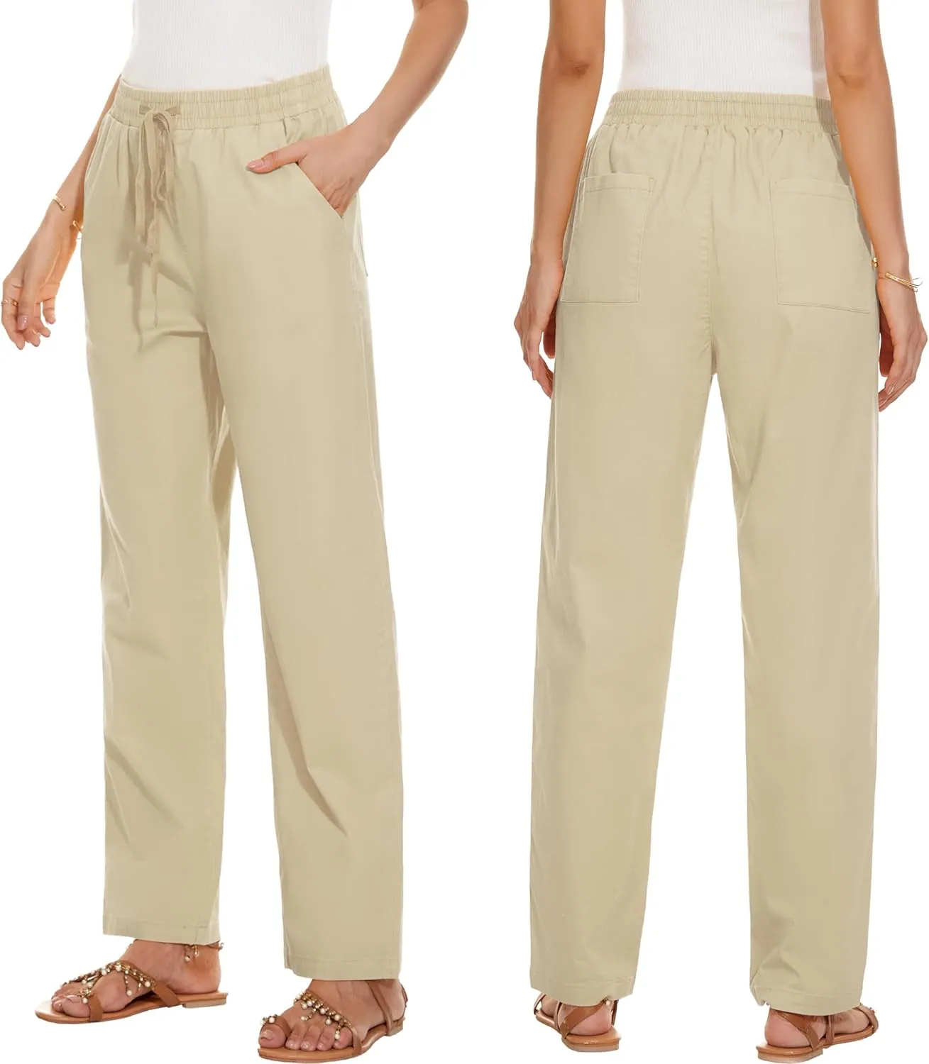 HVEPUO Womens High Waisted Casual Elastic Waist Drawstring Twill Pants Straight Leg Lightweight Cotton Trousers with Pockets