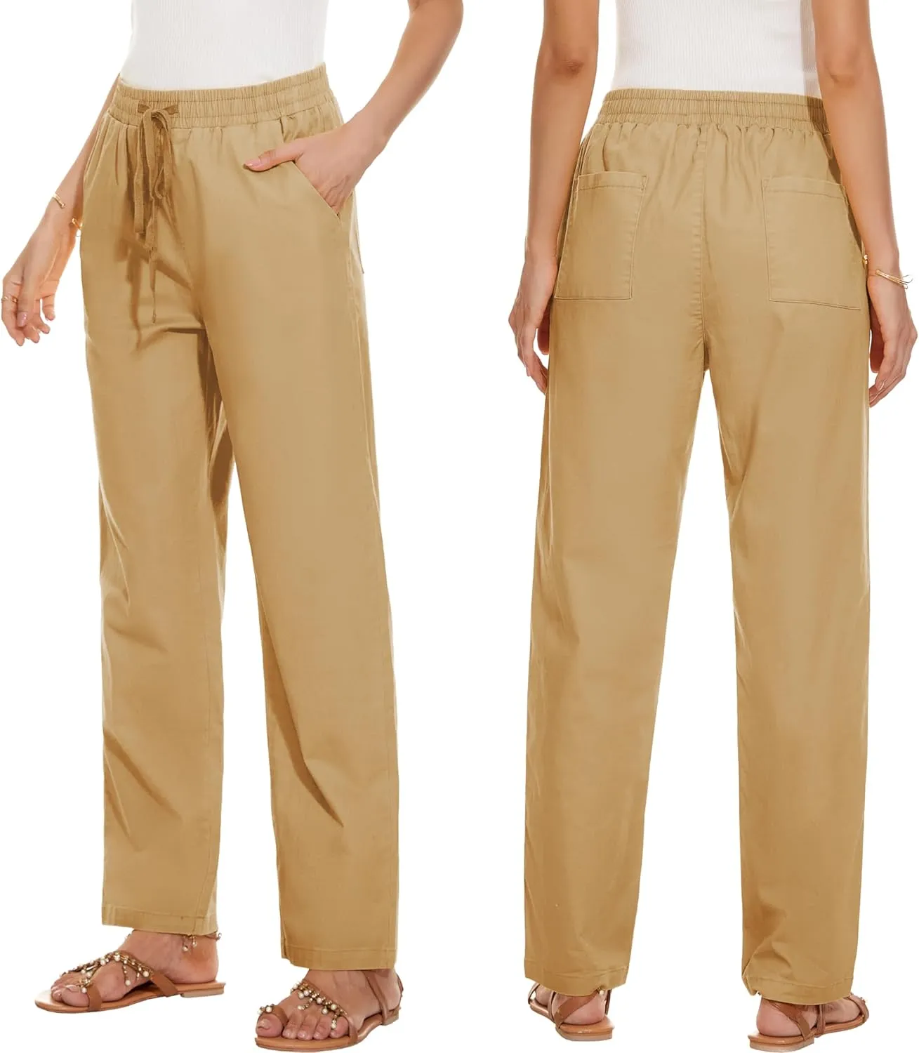 HVEPUO Womens High Waisted Casual Elastic Waist Drawstring Twill Pants Straight Leg Lightweight Cotton Trousers with Pockets
