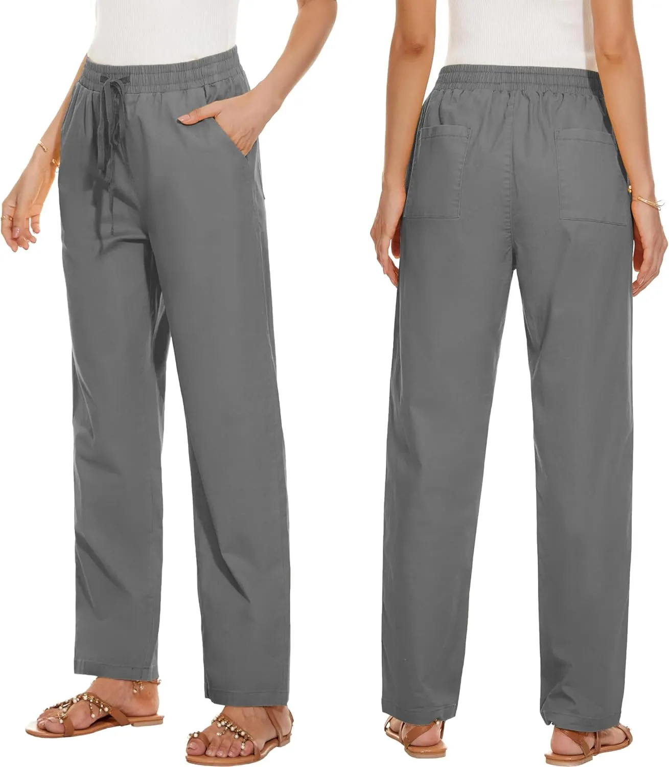 HVEPUO Womens High Waisted Casual Elastic Waist Drawstring Twill Pants Straight Leg Lightweight Cotton Trousers with Pockets