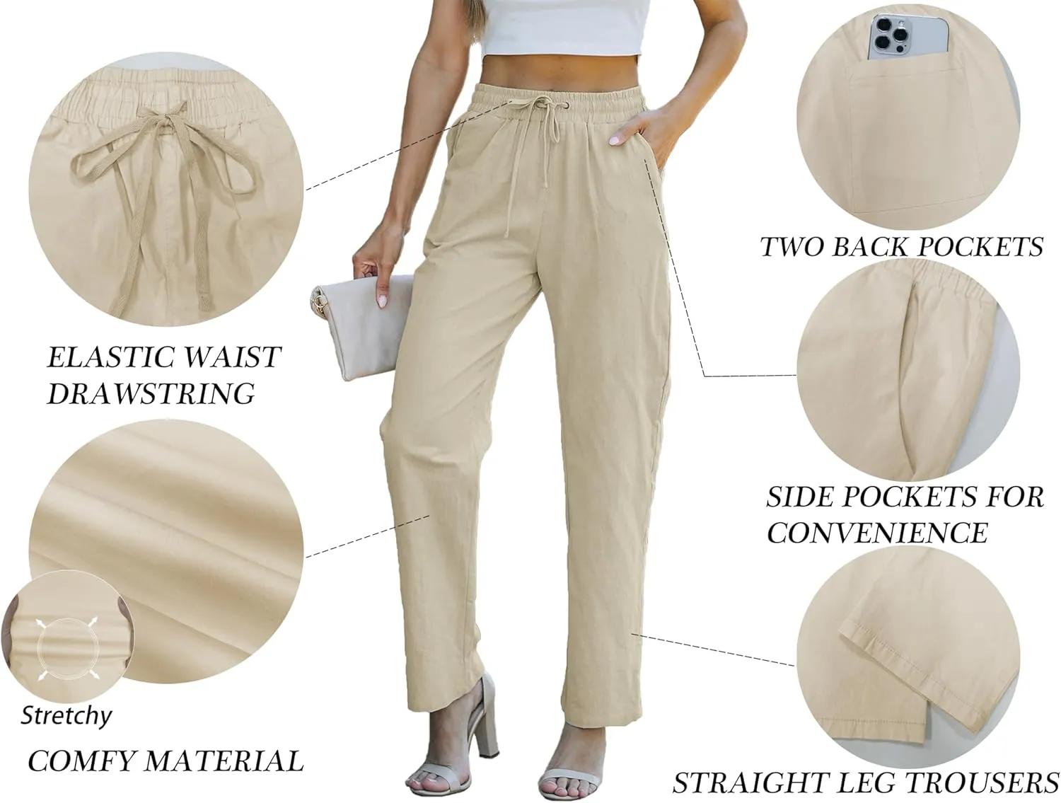 HVEPUO Womens High Waisted Casual Elastic Waist Drawstring Twill Pants Straight Leg Lightweight Cotton Trousers with Pockets