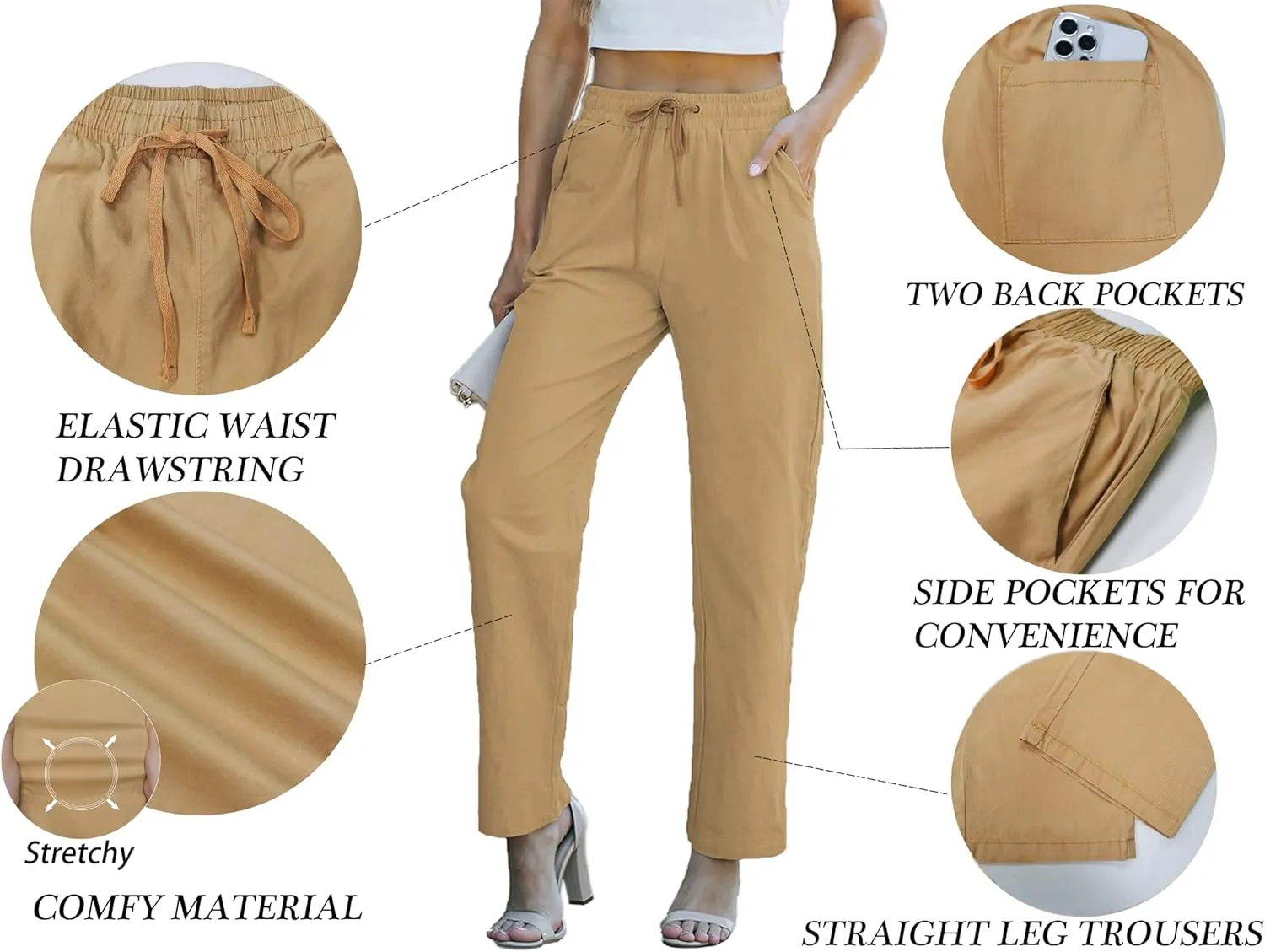 HVEPUO Womens High Waisted Casual Elastic Waist Drawstring Twill Pants Straight Leg Lightweight Cotton Trousers with Pockets