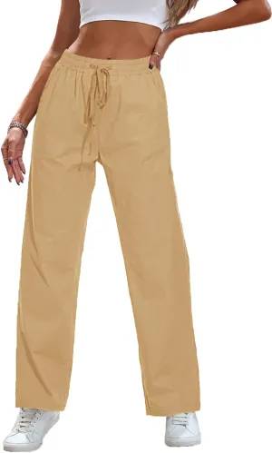 HVEPUO Womens High Waisted Casual Elastic Waist Drawstring Twill Pants Straight Leg Lightweight Cotton Trousers with Pockets