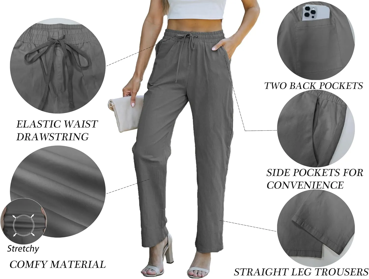 HVEPUO Womens High Waisted Casual Elastic Waist Drawstring Twill Pants Straight Leg Lightweight Cotton Trousers with Pockets