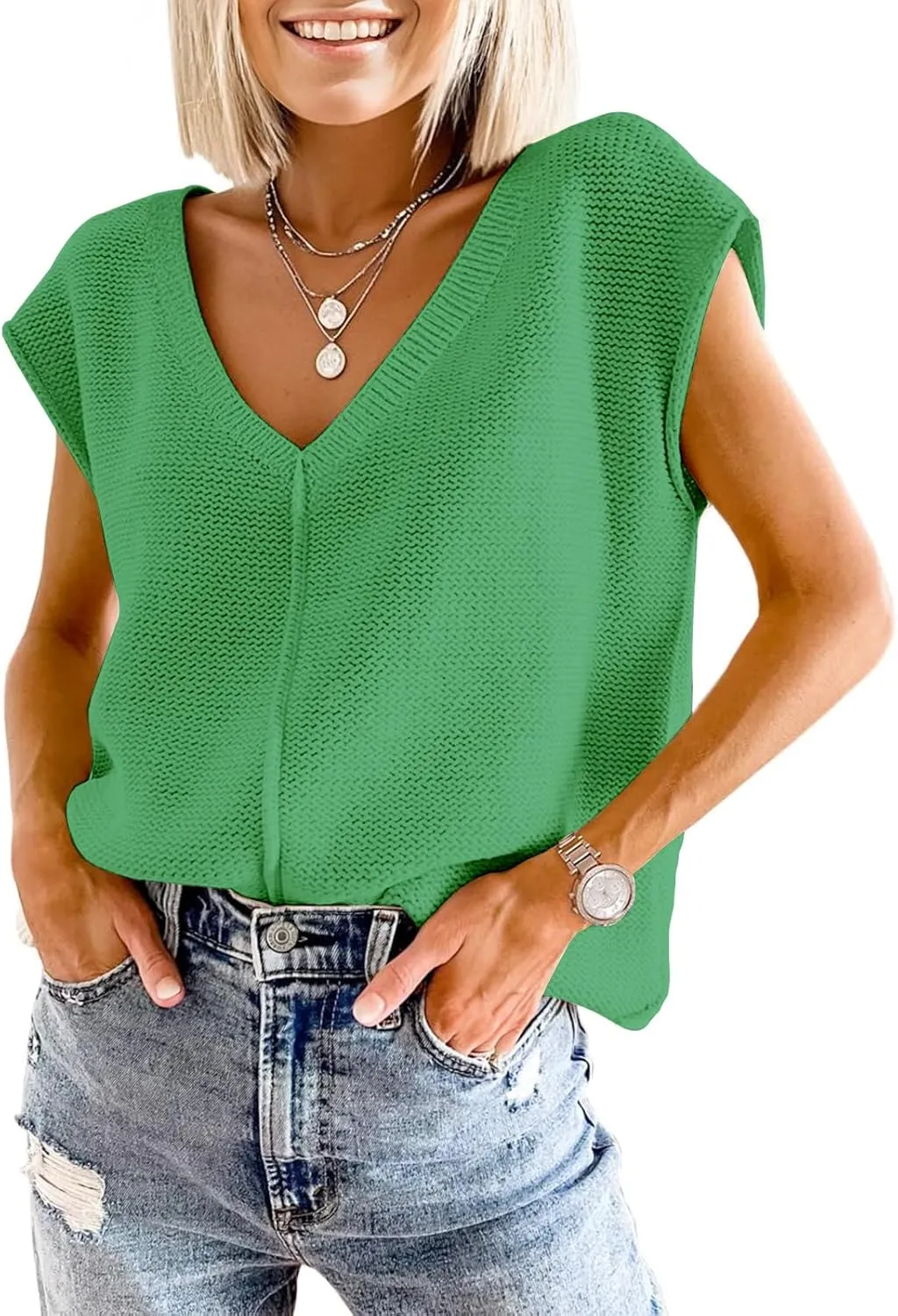 IDEALSANXUN Womens Cap Sleeve Sweater Vest Spring Summer Cute Sleeveless Knit Tops