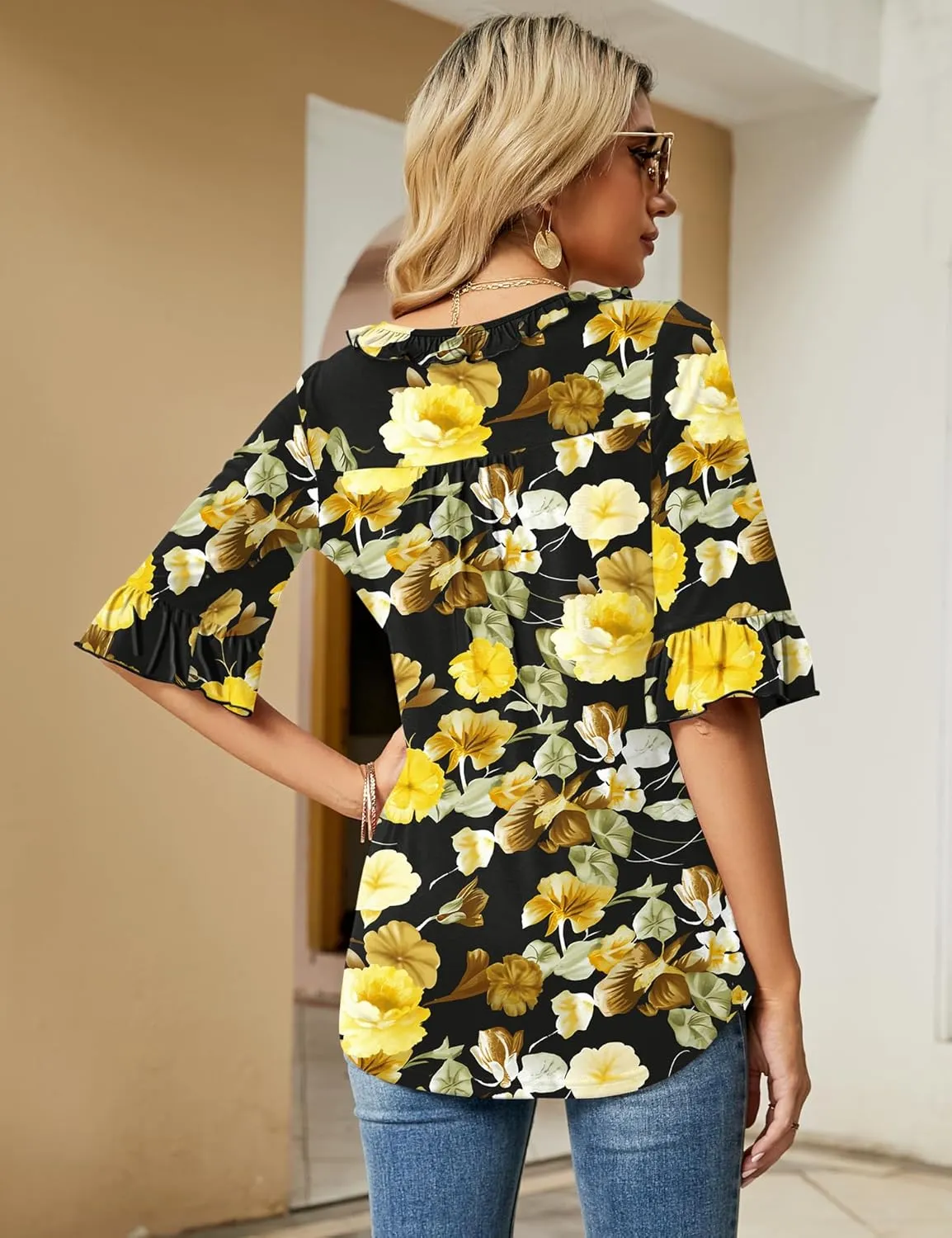 Ivicoer Women's Casual V Neck T Shirts Loose Summer Fall 3/4 Bell Sleeve Tops Ruffle Tunic Blouses