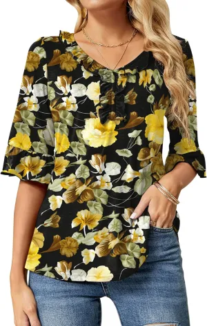 Ivicoer Women's Casual V Neck T Shirts Loose Summer Fall 3/4 Bell Sleeve Tops Ruffle Tunic Blouses