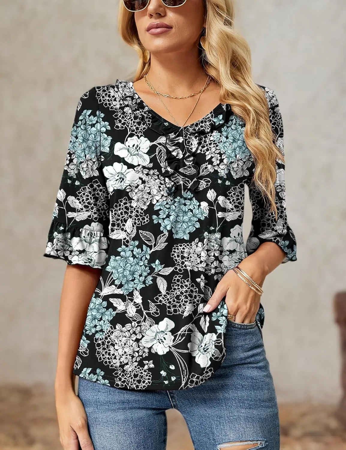 Ivicoer Women's Casual V Neck T Shirts Loose Summer Fall 3/4 Bell Sleeve Tops Ruffle Tunic Blouses