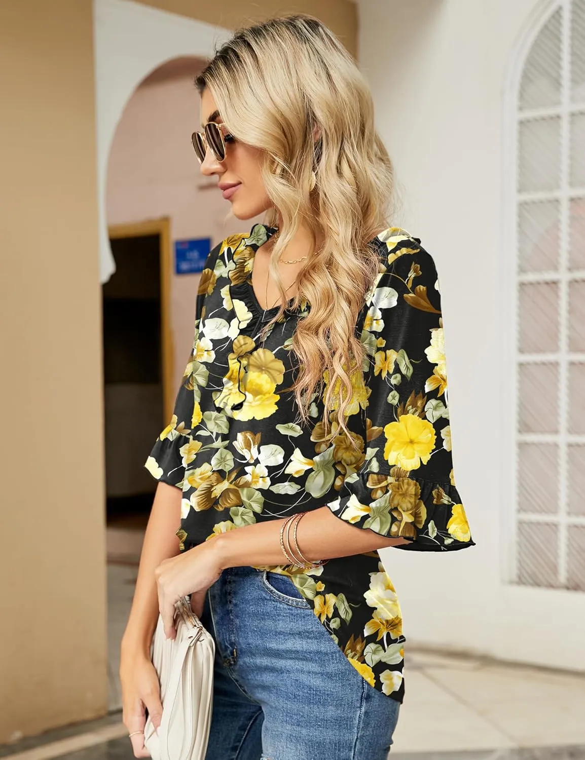 Ivicoer Women's Casual V Neck T Shirts Loose Summer Fall 3/4 Bell Sleeve Tops Ruffle Tunic Blouses