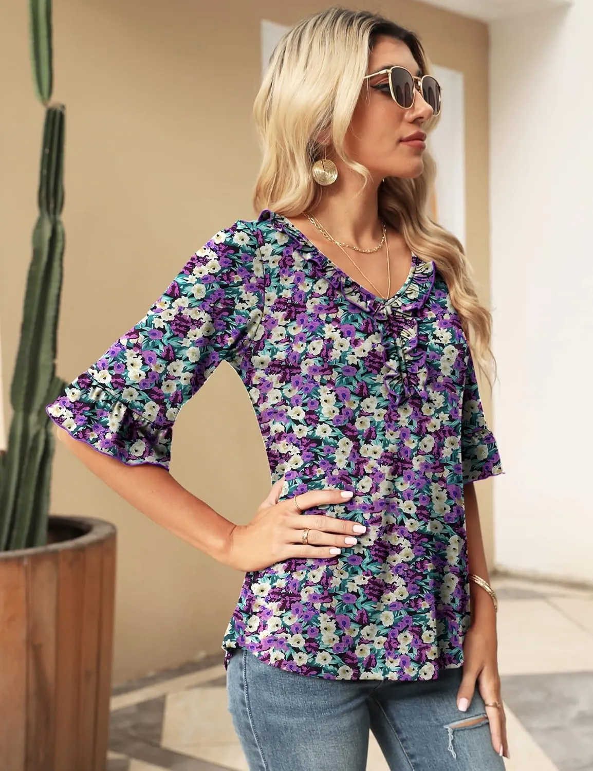 Ivicoer Women's Casual V Neck T Shirts Loose Summer Fall 3/4 Bell Sleeve Tops Ruffle Tunic Blouses