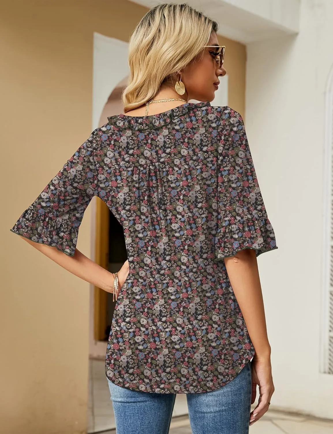 Ivicoer Women's Casual V Neck T Shirts Loose Summer Fall 3/4 Bell Sleeve Tops Ruffle Tunic Blouses