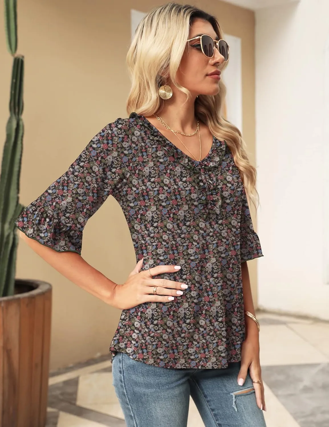 Ivicoer Women's Casual V Neck T Shirts Loose Summer Fall 3/4 Bell Sleeve Tops Ruffle Tunic Blouses