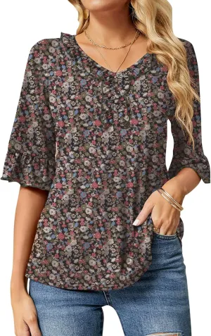 Ivicoer Women's Casual V Neck T Shirts Loose Summer Fall 3/4 Bell Sleeve Tops Ruffle Tunic Blouses