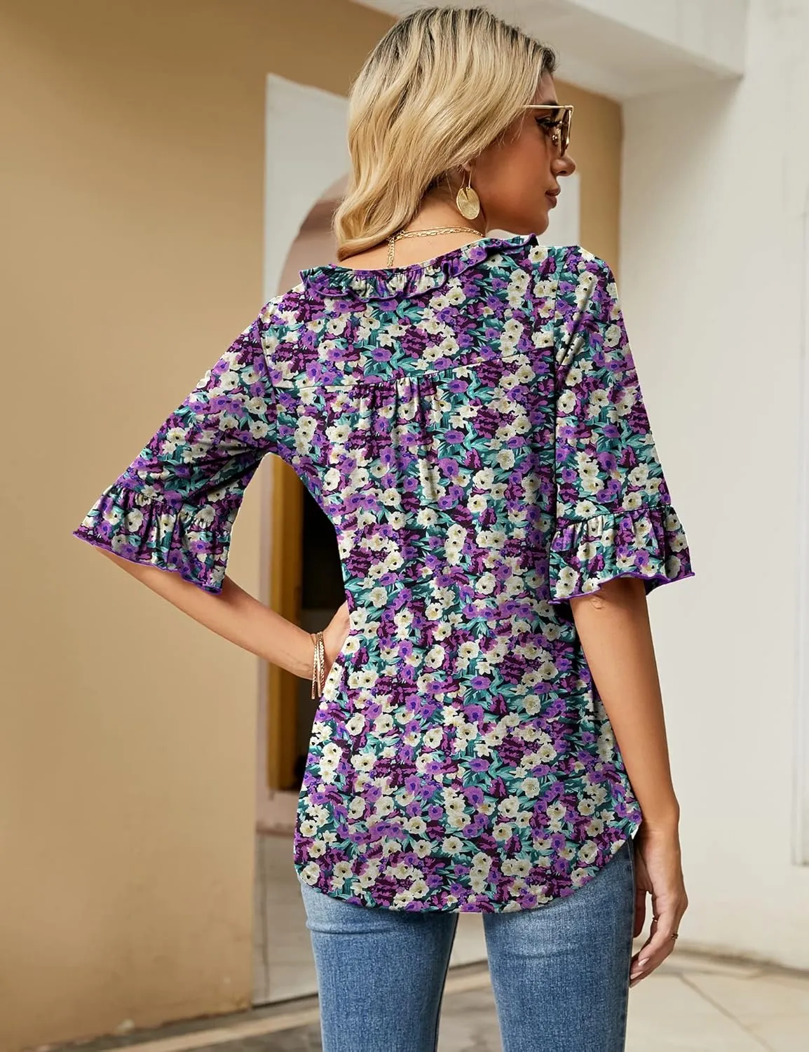 Ivicoer Women's Casual V Neck T Shirts Loose Summer Fall 3/4 Bell Sleeve Tops Ruffle Tunic Blouses