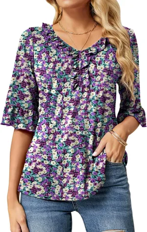 Ivicoer Women's Casual V Neck T Shirts Loose Summer Fall 3/4 Bell Sleeve Tops Ruffle Tunic Blouses