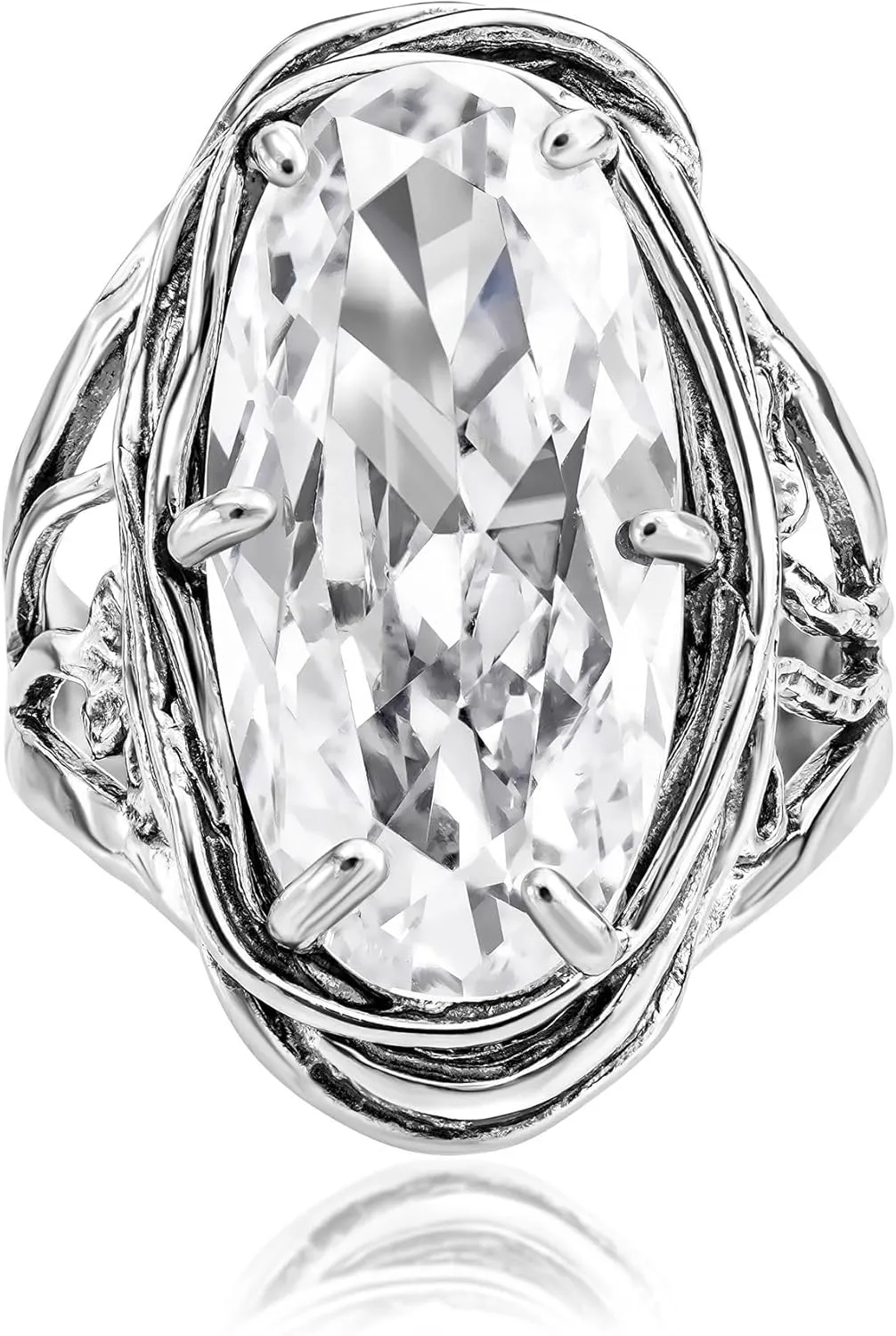 JEAN RACHEL JEWELRY 925 Sterling Silver Ring with Oval Shaped Cubic Zirconia - Floral Wire Wrap Vintage Design - Hypoallergenic, Nickel & Lead-free - Artisan Handcrafted Statement Rings for Women