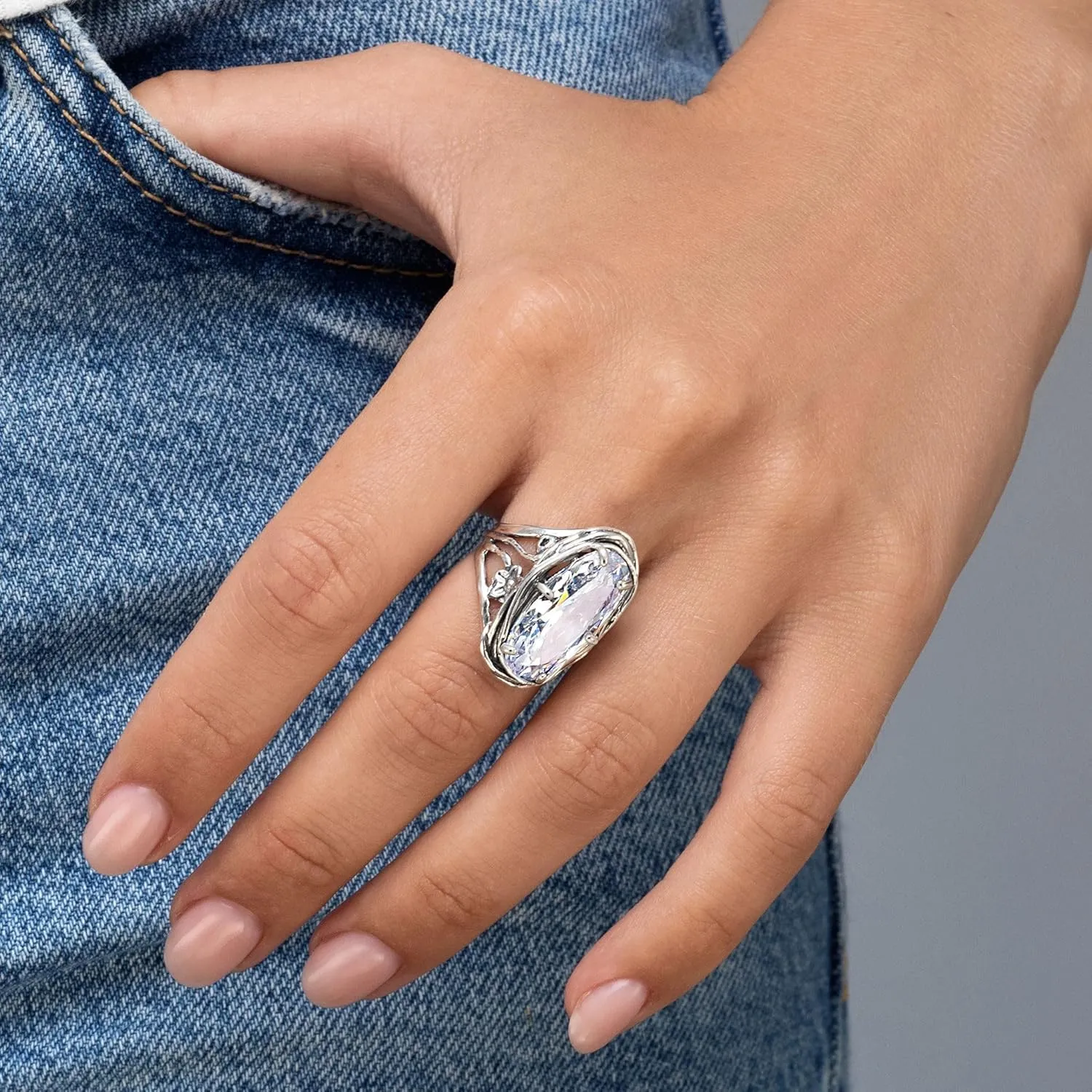 JEAN RACHEL JEWELRY 925 Sterling Silver Ring with Oval Shaped Cubic Zirconia - Floral Wire Wrap Vintage Design - Hypoallergenic, Nickel & Lead-free - Artisan Handcrafted Statement Rings for Women