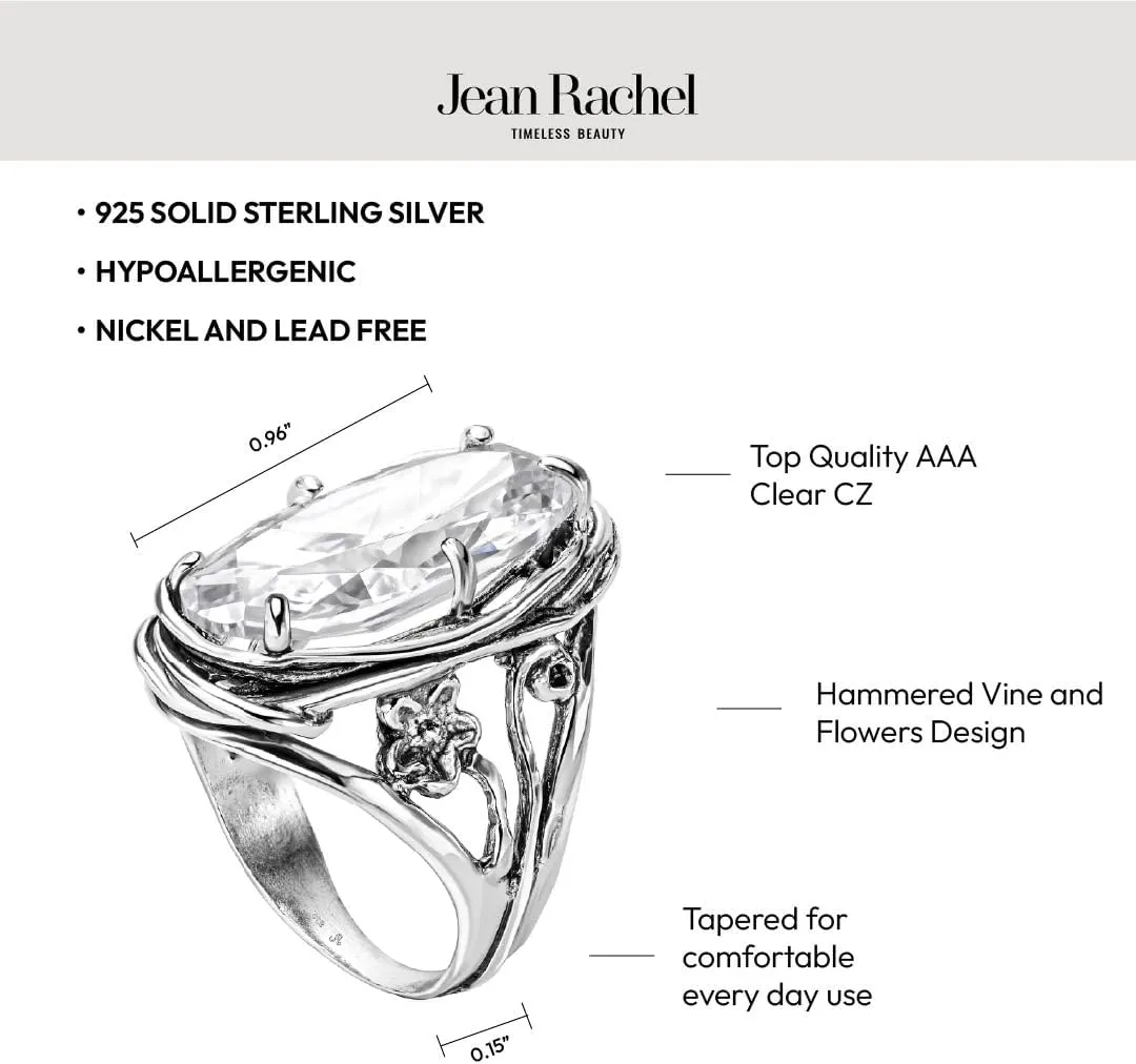 JEAN RACHEL JEWELRY 925 Sterling Silver Ring with Oval Shaped Cubic Zirconia - Floral Wire Wrap Vintage Design - Hypoallergenic, Nickel & Lead-free - Artisan Handcrafted Statement Rings for Women