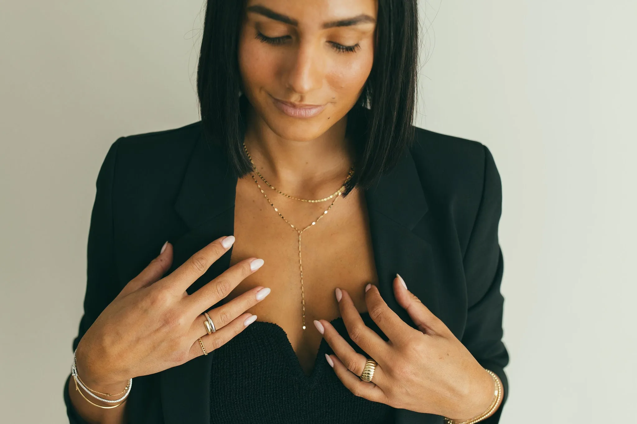 JJ x Chantel Carreira Gold Mirror Chain Lariat Necklace - 16"   1" extension, 4" drop