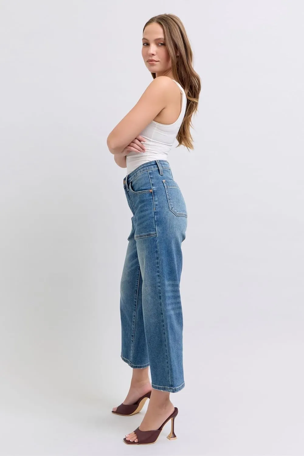 Judy Blue High-Waisted Utility Pocket Crop Wide-Leg Jeans  Durable, Stretchy, and Stylish Everyday Denim - 88904