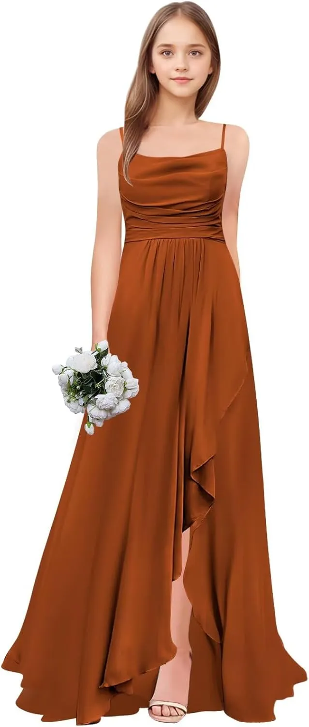 Junior Bridesmaid Dresses Long Chiffon Ruffle A Line Flower Girl Formal Dress for Wedding