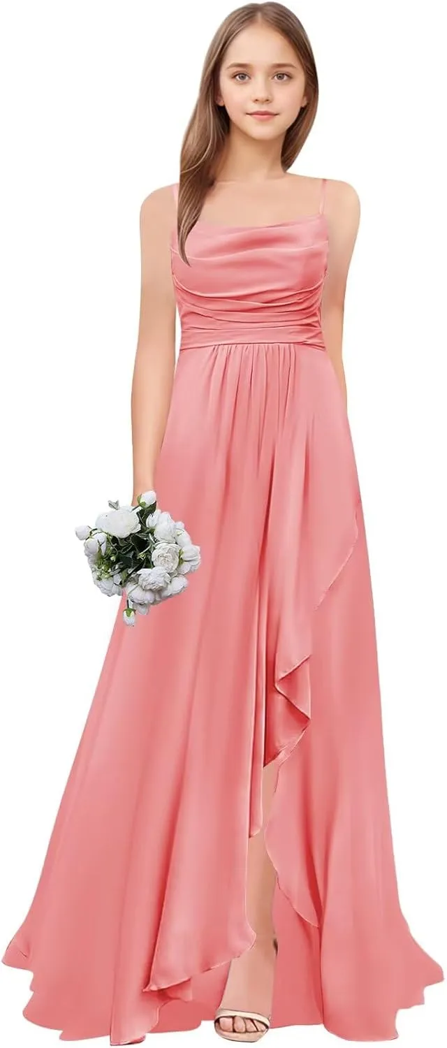 Junior Bridesmaid Dresses Long Chiffon Ruffle A Line Flower Girl Formal Dress for Wedding