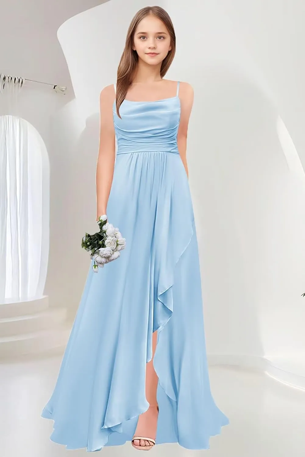 Junior Bridesmaid Dresses Long Chiffon Ruffle A Line Flower Girl Formal Dress for Wedding