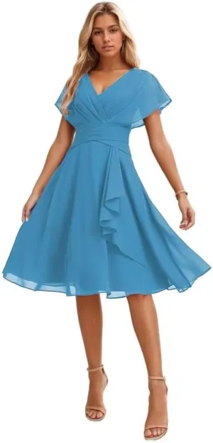 Junior Bridesmaid Dresses Plus Size Chiffon Wedding Dress Flowy V Neck Short Evening Dresses for Women