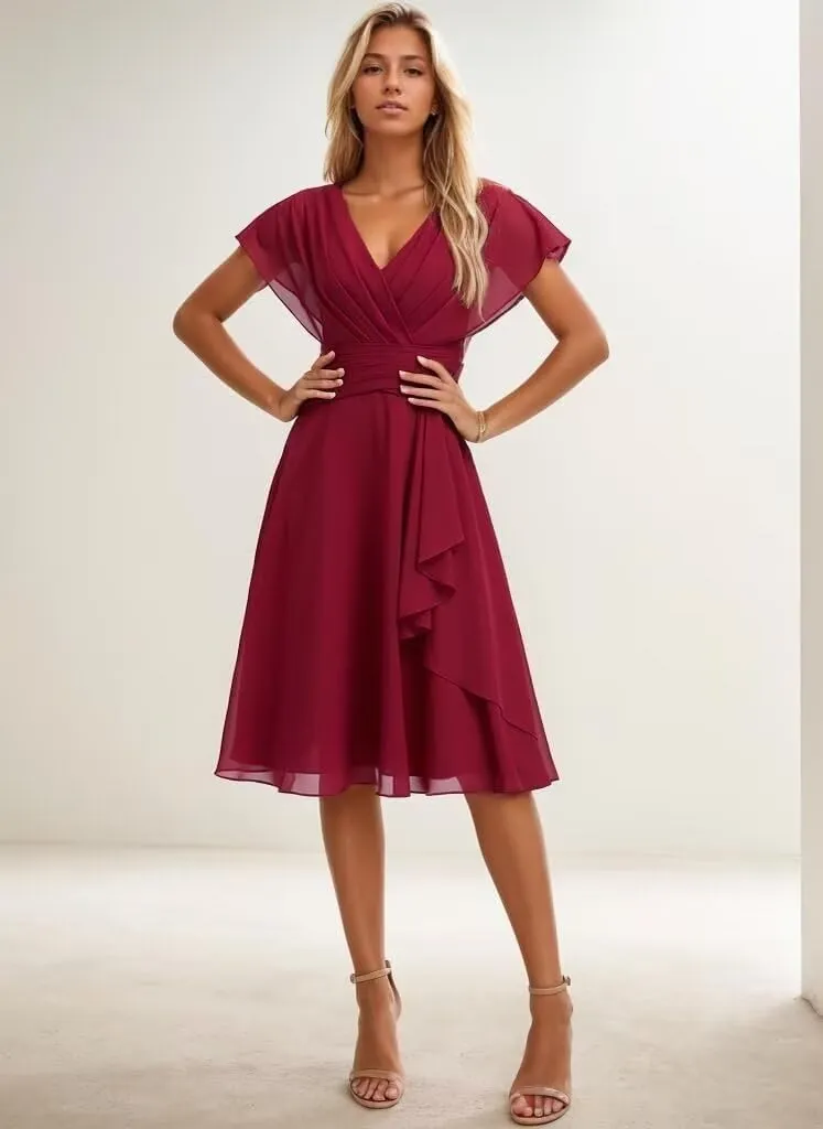 Junior Bridesmaid Dresses Plus Size Chiffon Wedding Dress Flowy V Neck Short Evening Dresses for Women