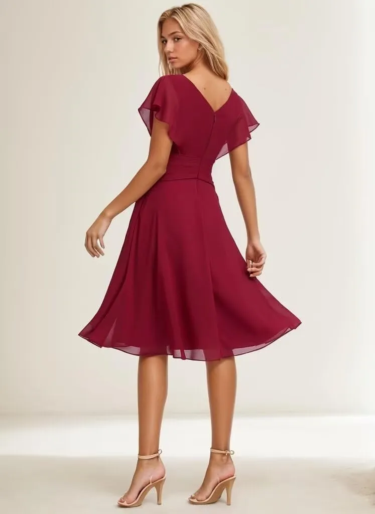 Junior Bridesmaid Dresses Plus Size Chiffon Wedding Dress Flowy V Neck Short Evening Dresses for Women