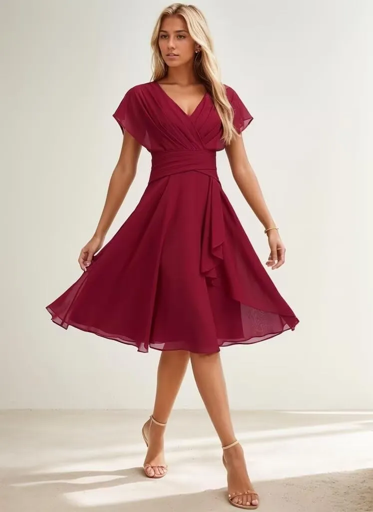 Junior Bridesmaid Dresses Plus Size Chiffon Wedding Dress Flowy V Neck Short Evening Dresses for Women